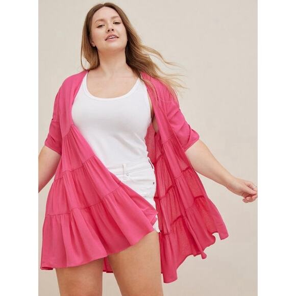 NEW Torrid Ruffle Tiered Kimono Crinkle Gauze Neon Pink Open Cardigan Womens 2X - Picture 1 of 11